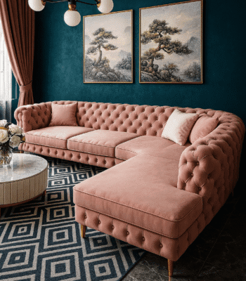 Rosaline pink velvet sectional sofa with tufted backrest and gold legs, styled against a textured purple wall and ambient lighting.