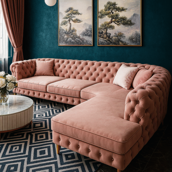 Rosaline pink velvet sectional sofa with tufted backrest and gold legs, styled against a textured purple wall and ambient lighting.