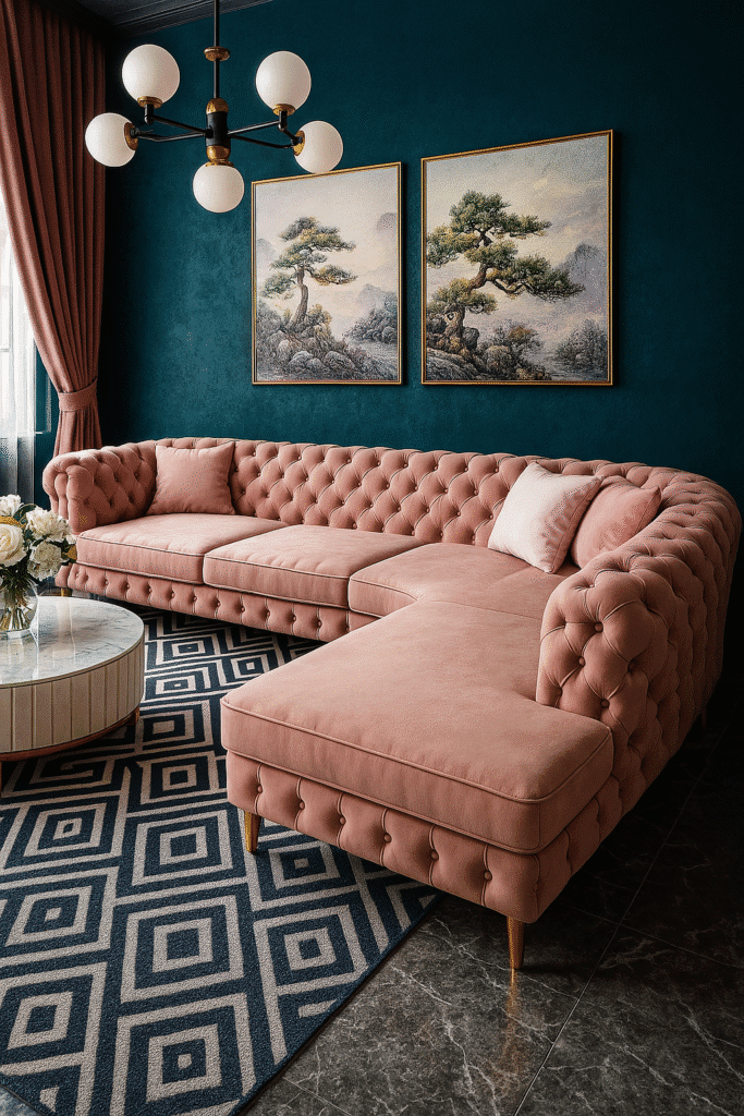 Rosaline pink velvet sectional sofa with tufted backrest and gold legs, styled against a textured purple wall and ambient lighting.