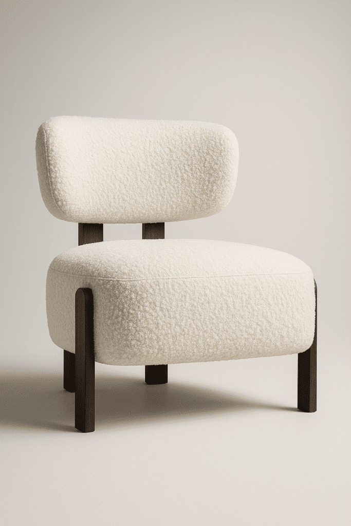 Sella cream upholstered chair with cushioned seat and backrest, supported by dark wooden legs in a minimalist interior setting.