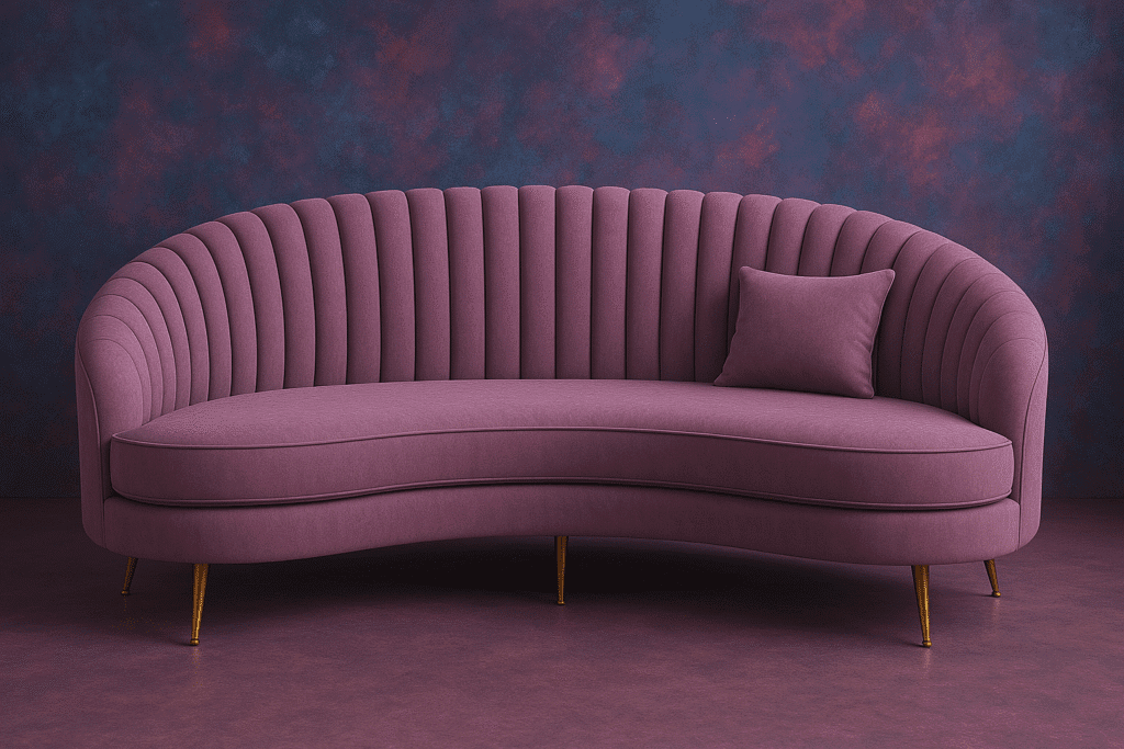 Curved plum velvet sofa with ribbed backrest, gold legs, and accent cushion in a modern purple-toned interior.