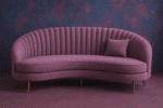 Curved plum velvet sofa with ribbed backrest, gold legs, and accent cushion in a modern purple-toned interior.