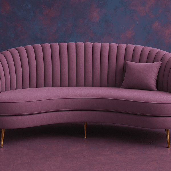 Curved plum velvet sofa with ribbed backrest, gold legs, and accent cushion in a modern purple-toned interior.