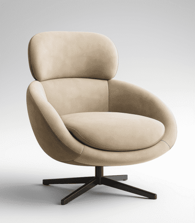 Lugio by BOSQUE — a sculptural beige armchair with a rounded backrest and black metal base, designed for minimalist interiors.