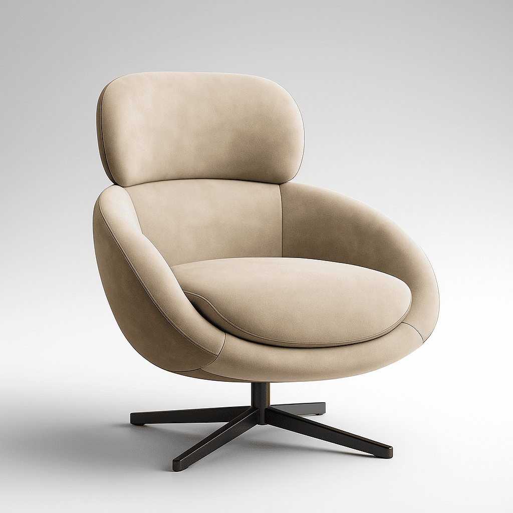 Lugio by BOSQUE — a sculptural beige armchair with a rounded backrest and black metal base, designed for minimalist interiors.