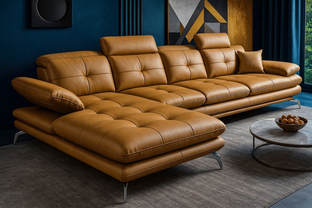Cognac leather sectional sofa by BOSQUE in a modern living room with tufted cushions and adjustable headrests