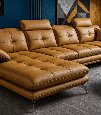 Cognac leather sectional sofa by BOSQUE in a modern living room with tufted cushions and adjustable headrests