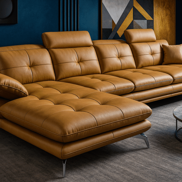 Cognac leather sectional sofa by BOSQUE in a modern living room with tufted cushions and adjustable headrests