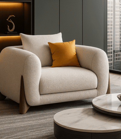Avessa beige armchair by BOSQUE with wooden legs and mustard pillow in a modern living room