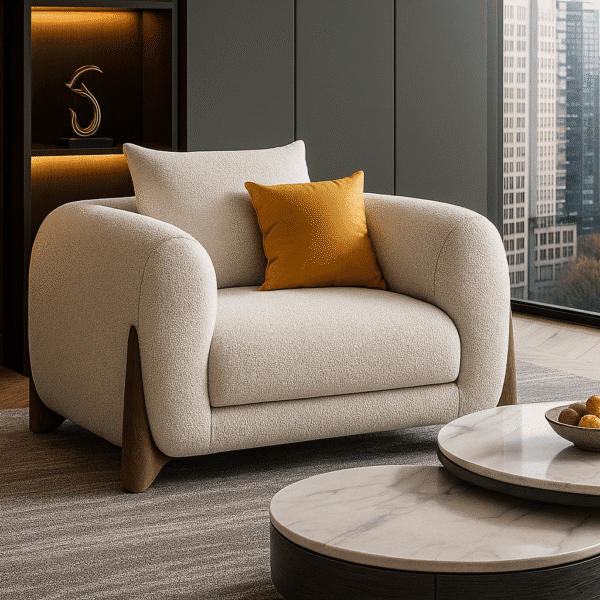 Avessa beige armchair by BOSQUE with wooden legs and mustard pillow in a modern living room