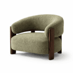 Sage green boucle lounge chair with curved back and dark walnut wood legs on white background