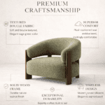 Premium craftsmanship infographic for sage green boucle armchair showing features: boucle fabric, solid wood frame, superior comfort, timeless design, and exceptional durability
