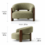 Dimension diagram of sage green boucle lounge chair showing seat height 16 inches, width 27 inches, and depth 28 inches