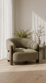 Sage green boucle armchair with walnut wood frame in a minimalist living room with sheer curtains and floral arrangement