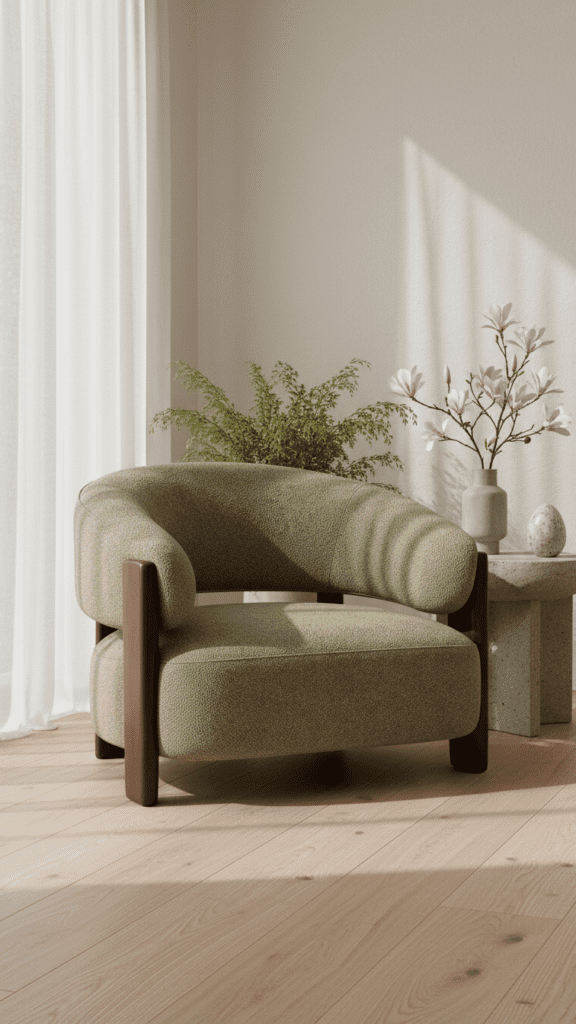 Sage green boucle armchair with walnut wood frame in a minimalist living room with sheer curtains and floral arrangement