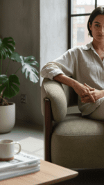 Young woman sitting in sage green boucle armchair beside a monstera plant in a modern urban apartment