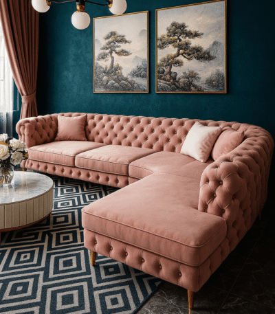 Rosaline pink velvet sectional sofa with tufted backrest and gold legs, styled against a textured purple wall and ambient lighting.
