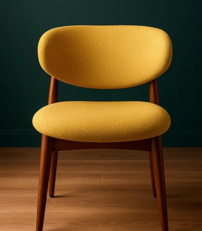 BOSQUE Butter Chair – Mid-century modern yellow lounge chair with upholstered seat and wooden legs