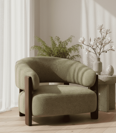 Sage green boucle armchair with walnut wood frame in a minimalist living room with sheer curtains and floral arrangement